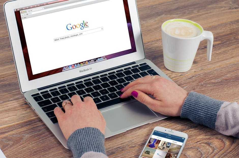 choose right China sourcing agent Hands typing on MacBook Air with Google search open, coffee nearby.